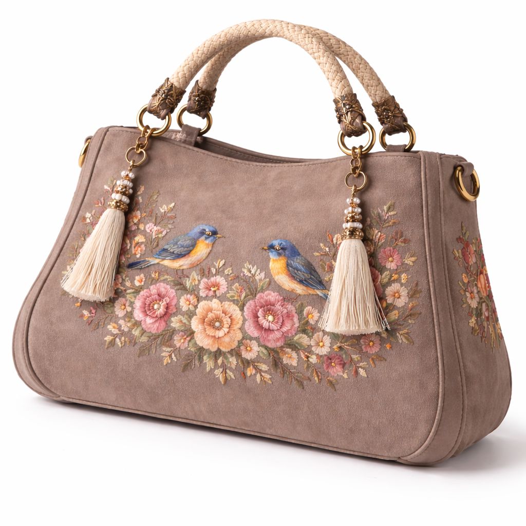 Vintage Embroidered Floral Bird Suede Handbag