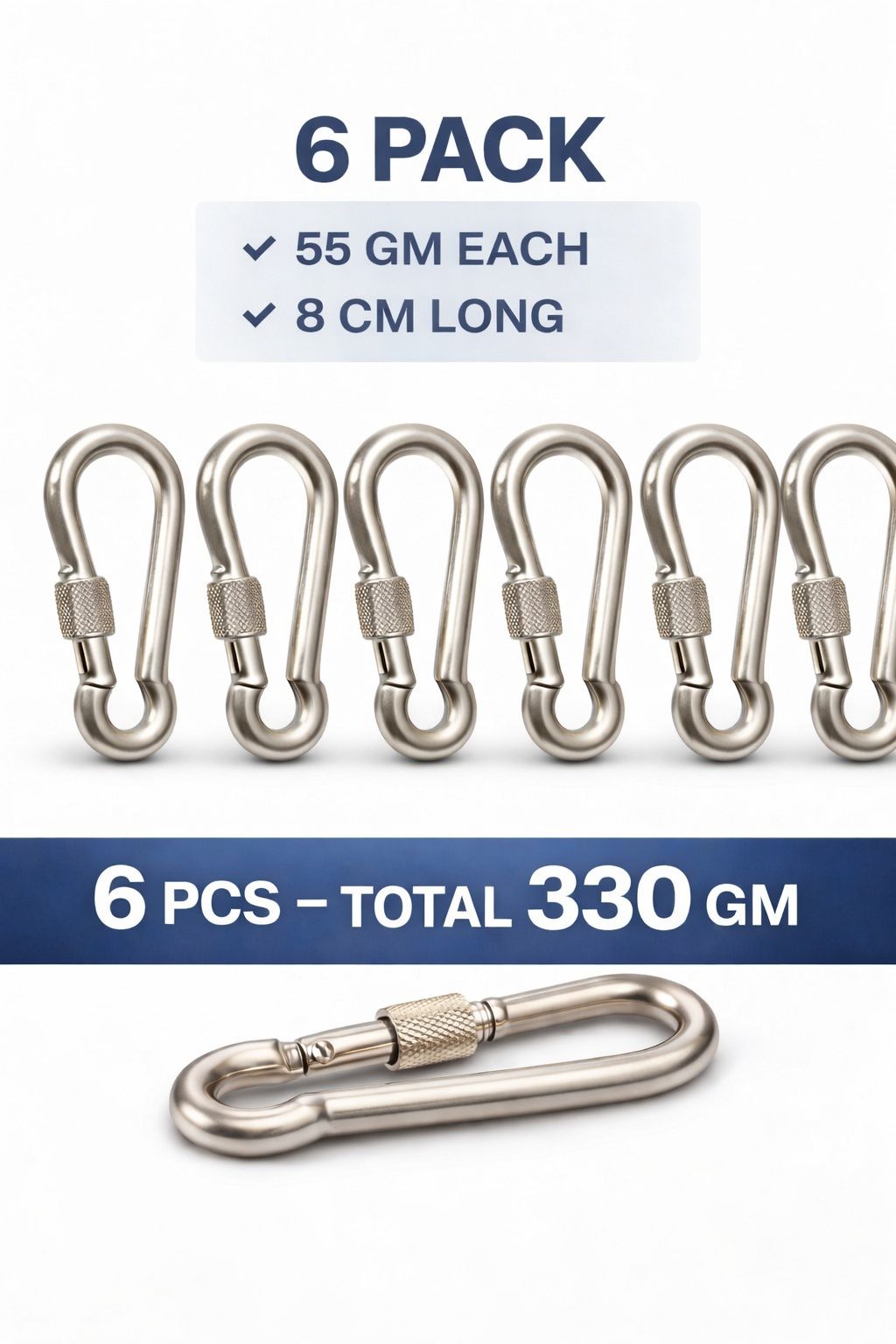 Carabiner Hook, Karabiner Clip, Locking Hook Clip, Keychain Clip Hook, Metal Spring Hook  330gm 6pieces 