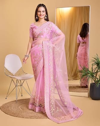 Women's Embroidered Net Saree with Stitched Blouse Women's Embroidered Net Saree with Stitched Blouse