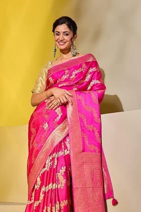 Women Pink Floral Silk Saree with Gold Zari Border
