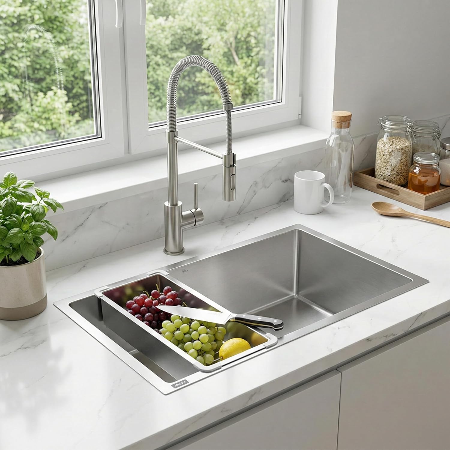 Aqua 304 Handmade (32 x 20 x 09 ) Inch SS Single bowl Bowl Square Coupling Silver Kitchen Sink