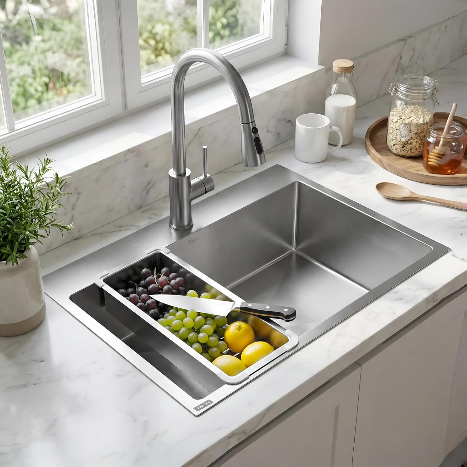 Aqua 304 Handmade (24 x 18 x 09 ) Inch SS Single Bowl Bowl Tap Hole Square Coupling Silver Kitchen Sink
