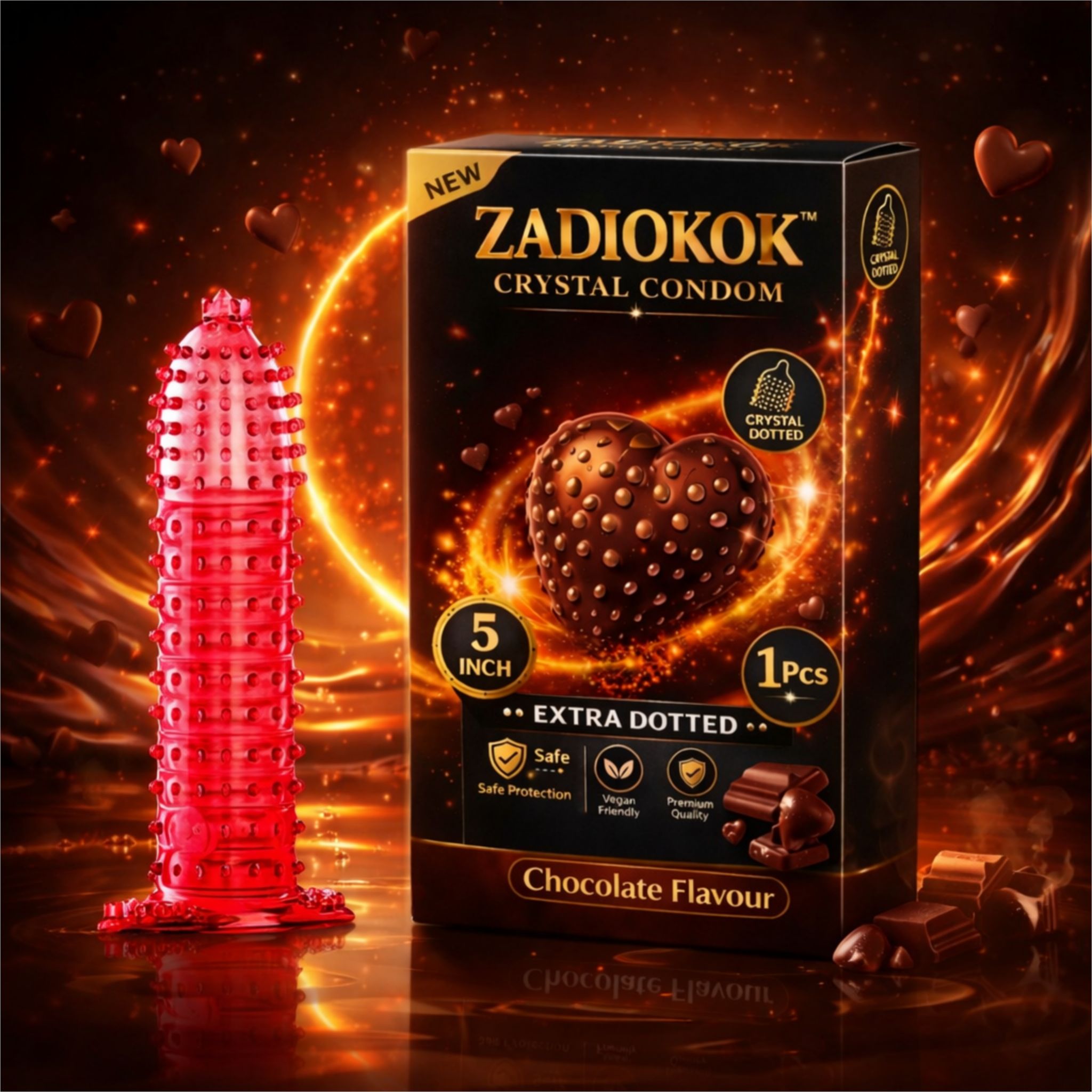 ZADIOKOK Crystal Dotted Reusable Condom Chocolate Flavour, Extra Sensation, 5 Inch, Premium Quality (1 Pcs Set)