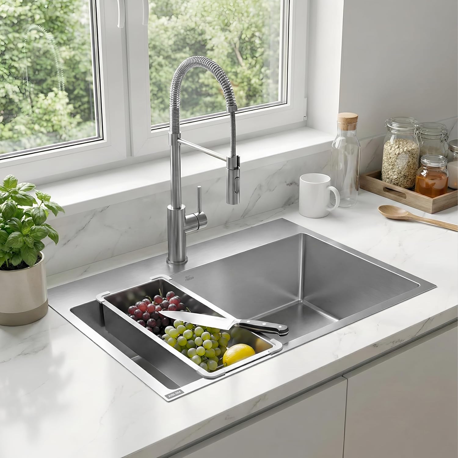 Aqua 304 Handmade ( 27"x18"x09" ) Inch SS Round Coupling Single Bowl Silver Kitchen Sink