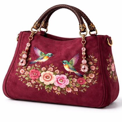 Women's Maroon Floral Embroidered Suede Handbag with Hummingbird Motif Women's Maroon Floral Embroidered Suede Handbag with Hummingbird Motif
