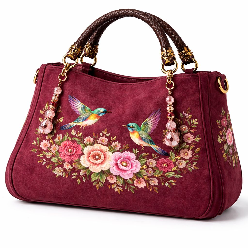 Women's Maroon Floral Embroidered Suede Handbag with Hummingbird Motif