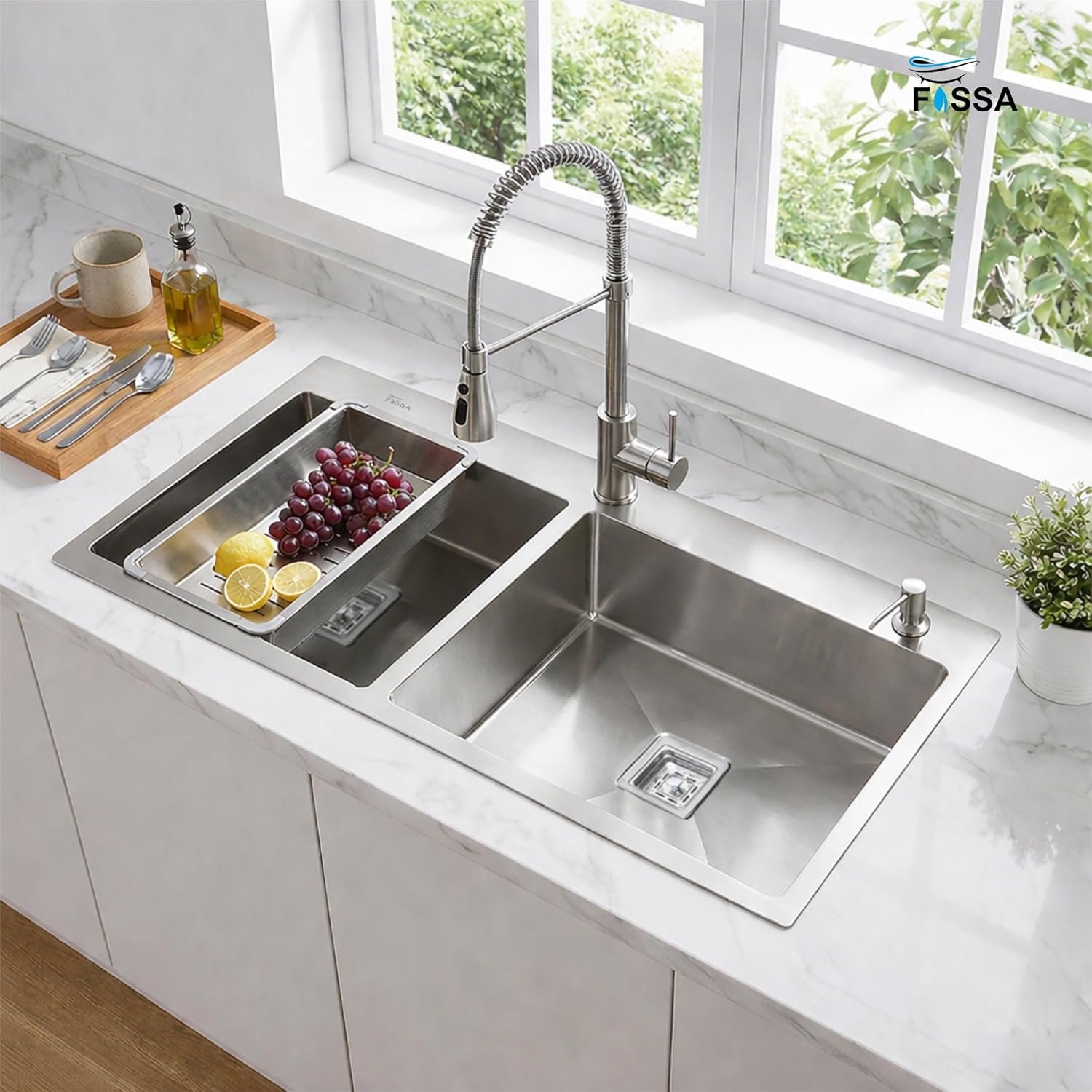 Aqua 304 Handmade (45 x 20 x 09 ) Inch SS Double bowl Bowl Tap Hole Square Coupling Silver Kitchen Sink