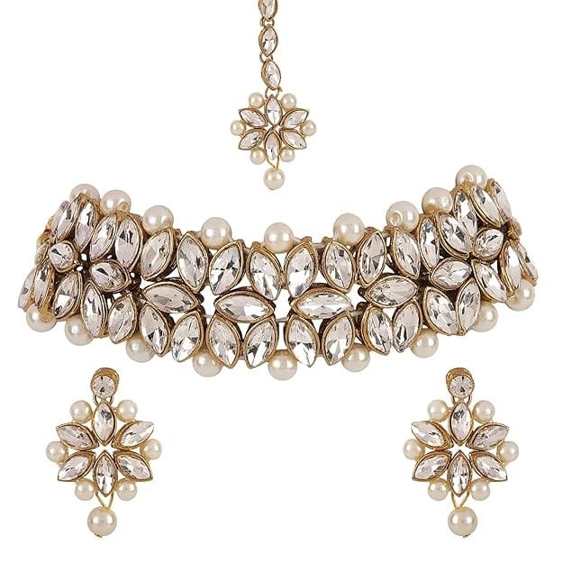 Women's Gold-Plated White Stone Studded Necklace Earring and Maang Tikka Jewelry Set