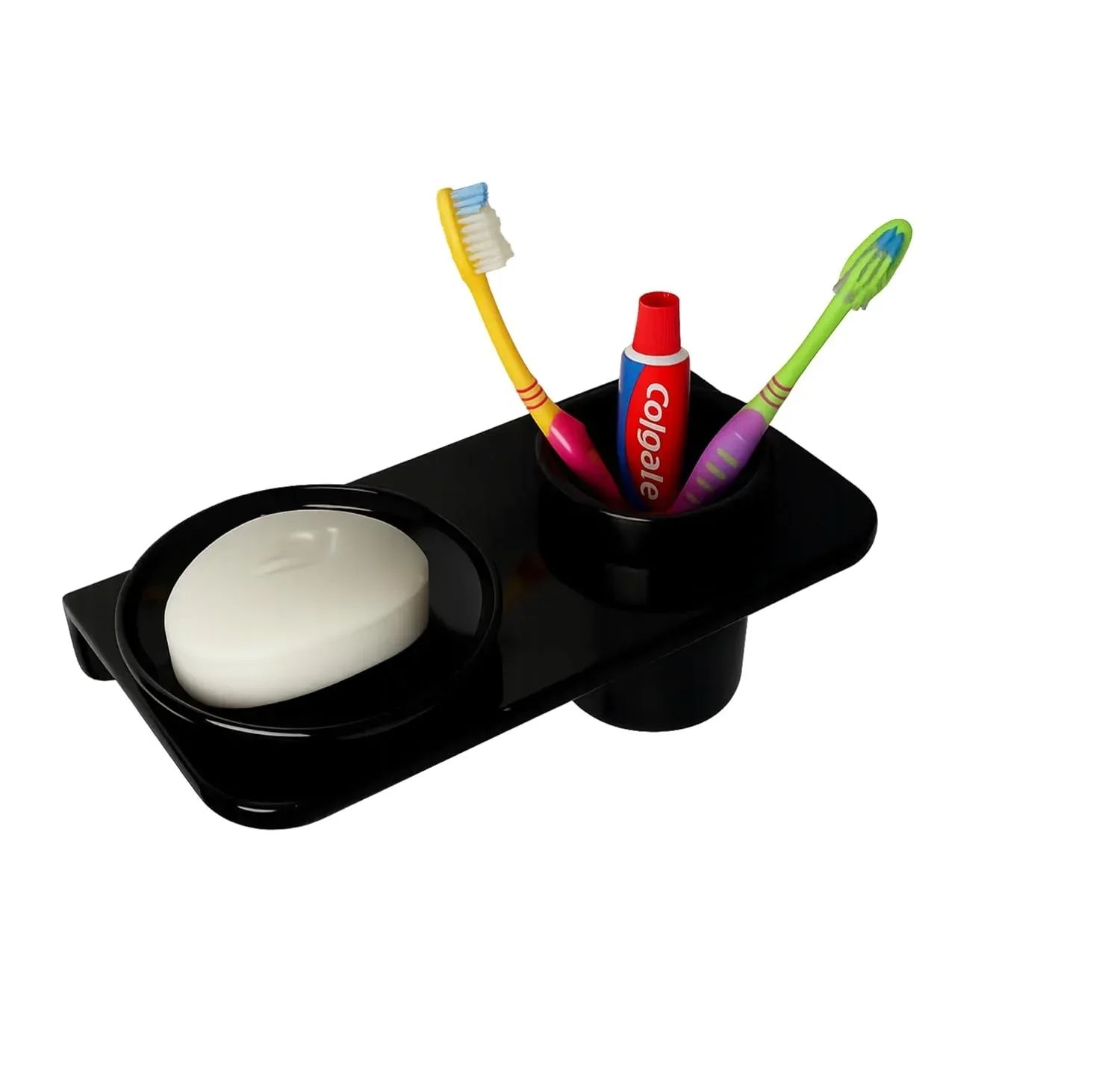 Black Soap Dish with Toothbrush Holder Unbreakable Abs Round Ceramic Finish (RB-120)