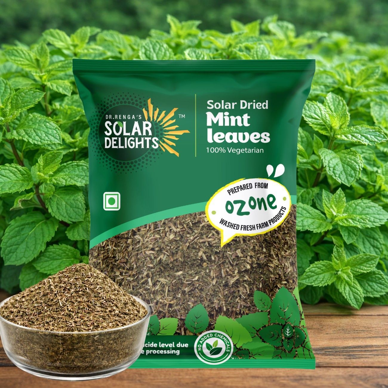 DR. RENGA'S SOLAR DELIGHTS Dried Mint Leaves | Solar Dried Pudina | Dehydrated Mint for Cooking & Tea | Natural Herbs | Ready to Use | 100g