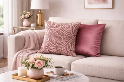 Contemporary Cushion Cover Combo Set of 2 | Blush Pink | Velvet & Satin Silk | 16" X 16"