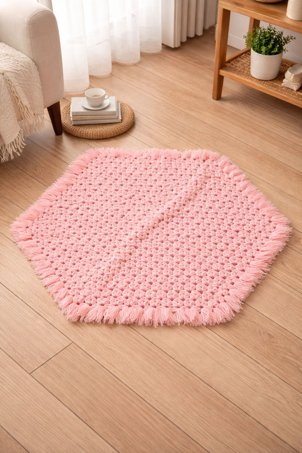 Handmade Pink Knitted Hexagonal Decorative Mat