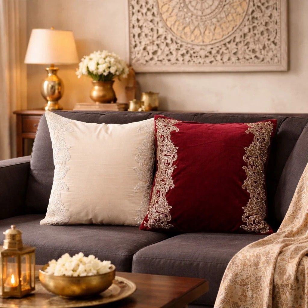 Embroidered Cushion Cover Combo Set of 2 | Maroon And Off White | Velvet & Slub Silk | 16" X 16"