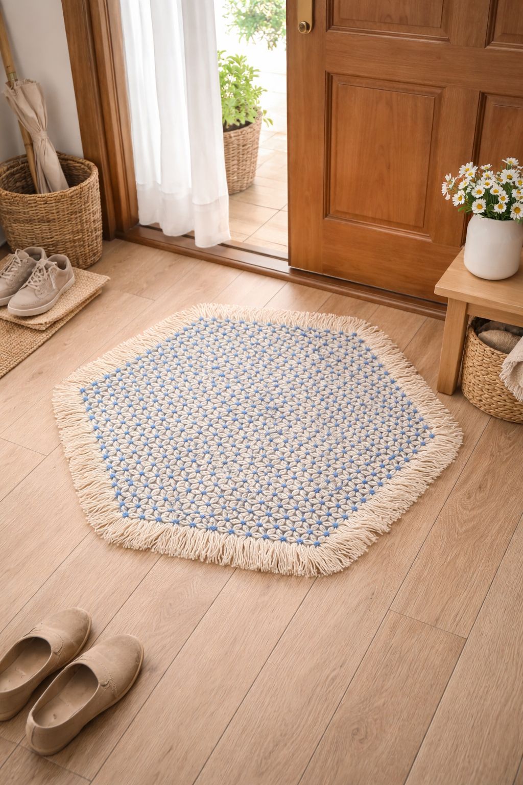 Handmade Hexagonal Knitted Decorative Mat with Fringe