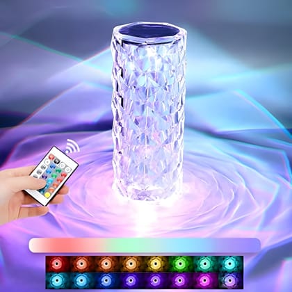 Crystal Rose Diamond RGB 16 Color Changing LED Night Lamp | USB Rechargeable Touch & Remote Control Table Lamp | Decorative Crystal LED Desk Lamp for Bedroom & Living Room