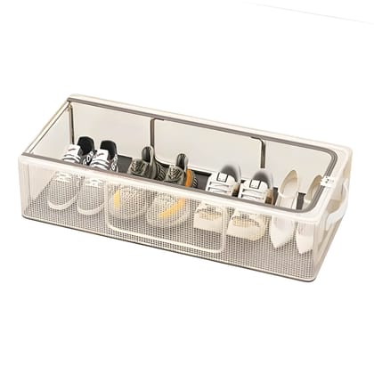 Foldable Storage Box for Clothes & Shoes | Transparent PVC Nylon Organizer with Lid, Front & Top Zippers, Metal Frame Handles | Large Wardrobe/Almirah Drawer Organizer, Washable Under-Bed Clothes Storage Bag