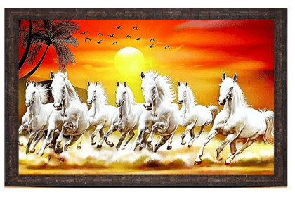 7 Running White Horses Sunset Framed Wall Painting, Vastu Art for Home Decor 7 Running White Horses Sunset Framed Wall Painting, Vastu Art for Home Decor
