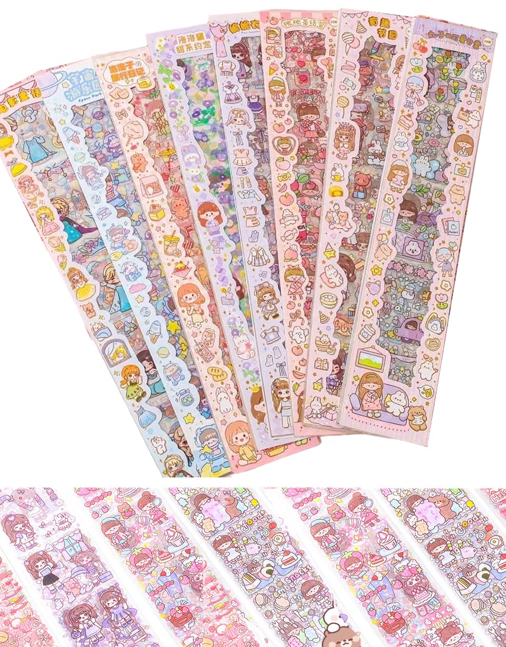 Cute Cartoon Theme Kawaii Stickers-20 Pet Sheets Cute Washi Stickers For Project,Japanese Style Girls Paper Sticker Set,Size Of Each Sheet-40x8cms(Color&Design May Vary)Self Adhesive
