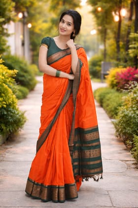 Orange and Dark Green Contrast Silk Saree with Traditional Border