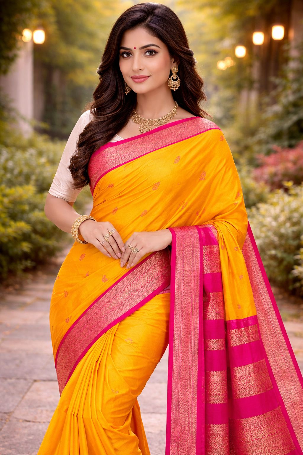Yellow and Pink Contrast Silk Saree with Zari Border