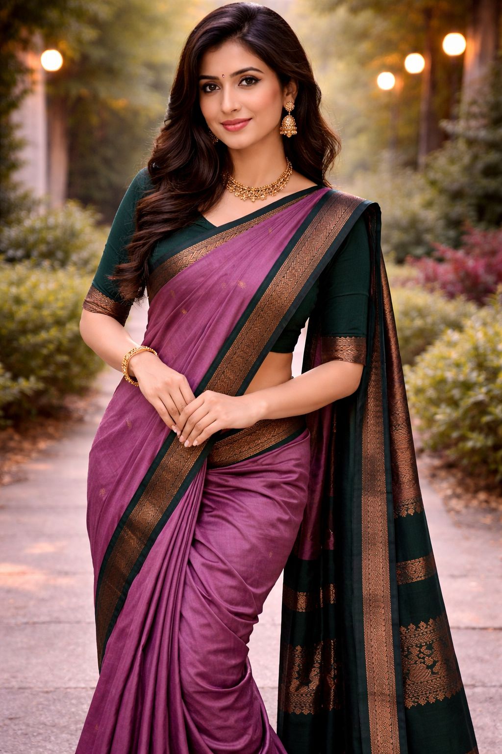 Elegant Purple Silk Saree with Dark Green Zari Border