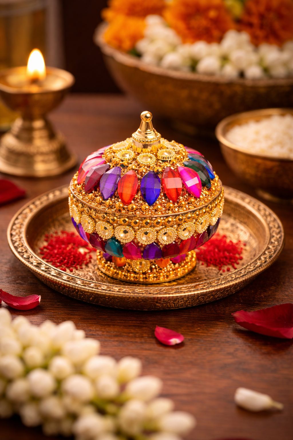 Decorative Handcrafted Multicolored Stone Kumkum Box