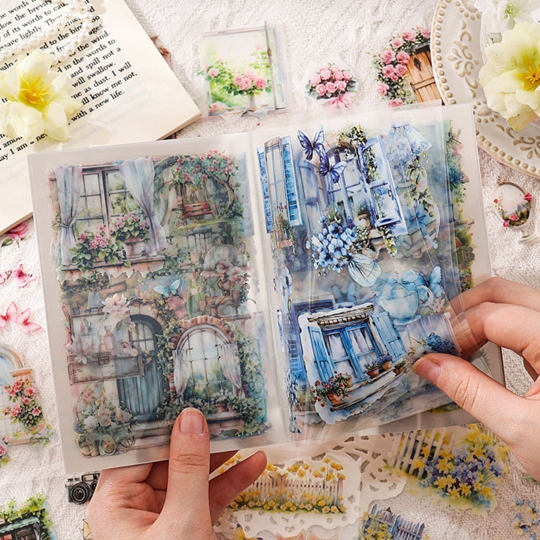 Fallen Flower Courtyard PET Sticker Book, Glazed Tiles Series, 20 Sheets, 14.8x10.5 cm, Floral Garden Theme