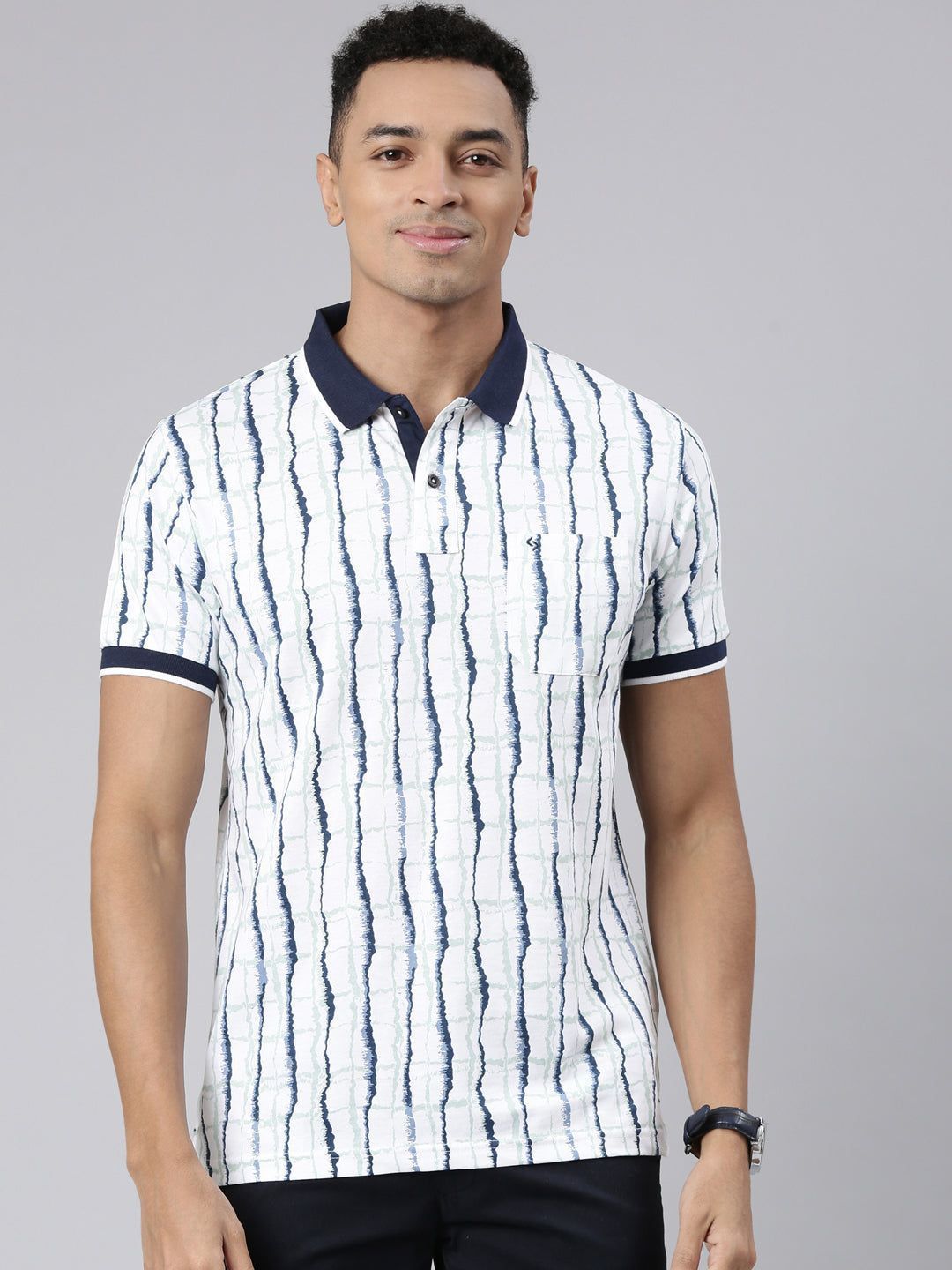 Classic Polo Men's Half Sleeve Blue/White Polo Neck Cotton Blend Slim Fit T-Shirt | BELLO - 303 A SF P