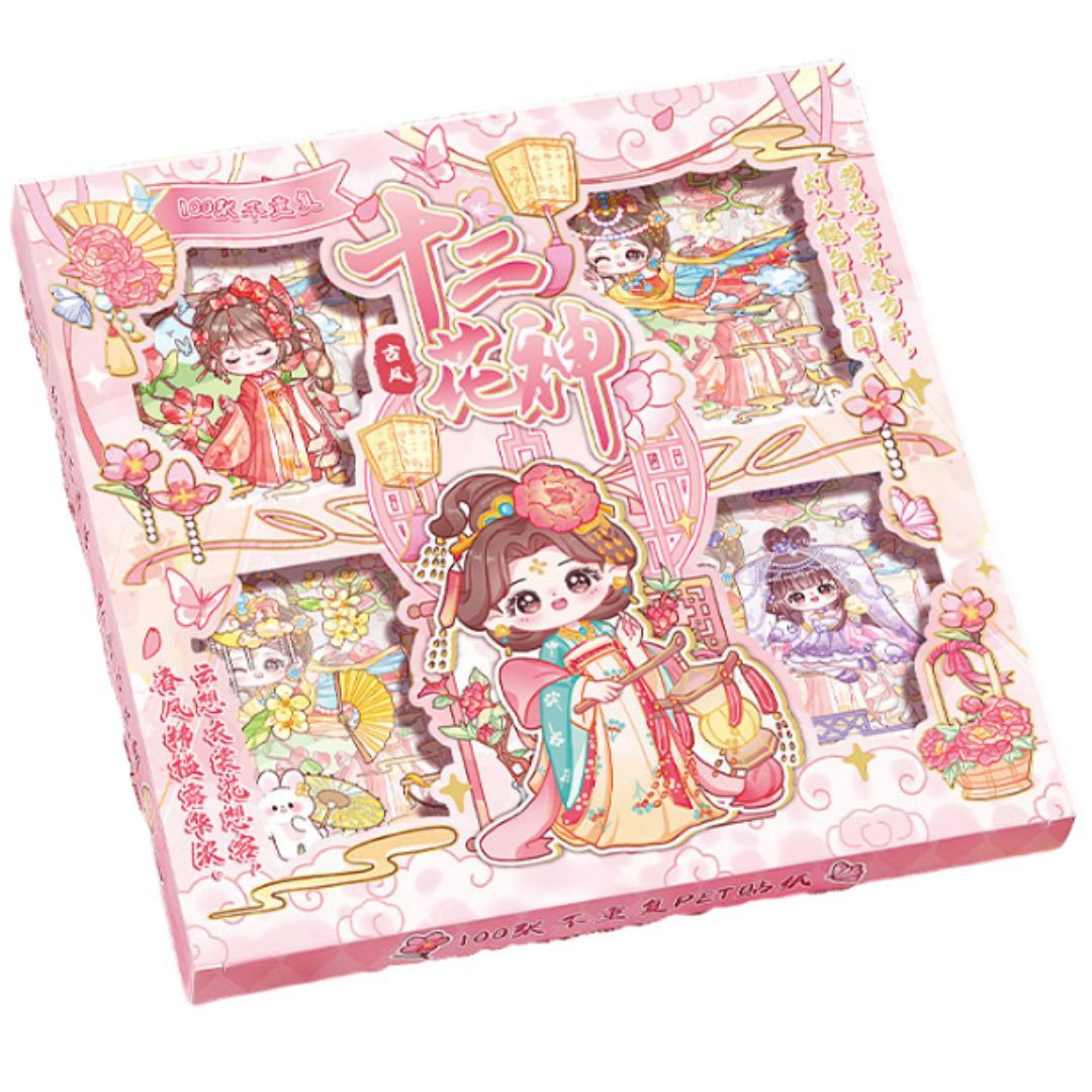 Cute Anime Girl Washi Sticker Pack (100 PCS) – Twelve Flower God Theme Aesthetic Adhesive Decals for Bullet Journals, Scrapbooks, DIY Crafts & Kids Art