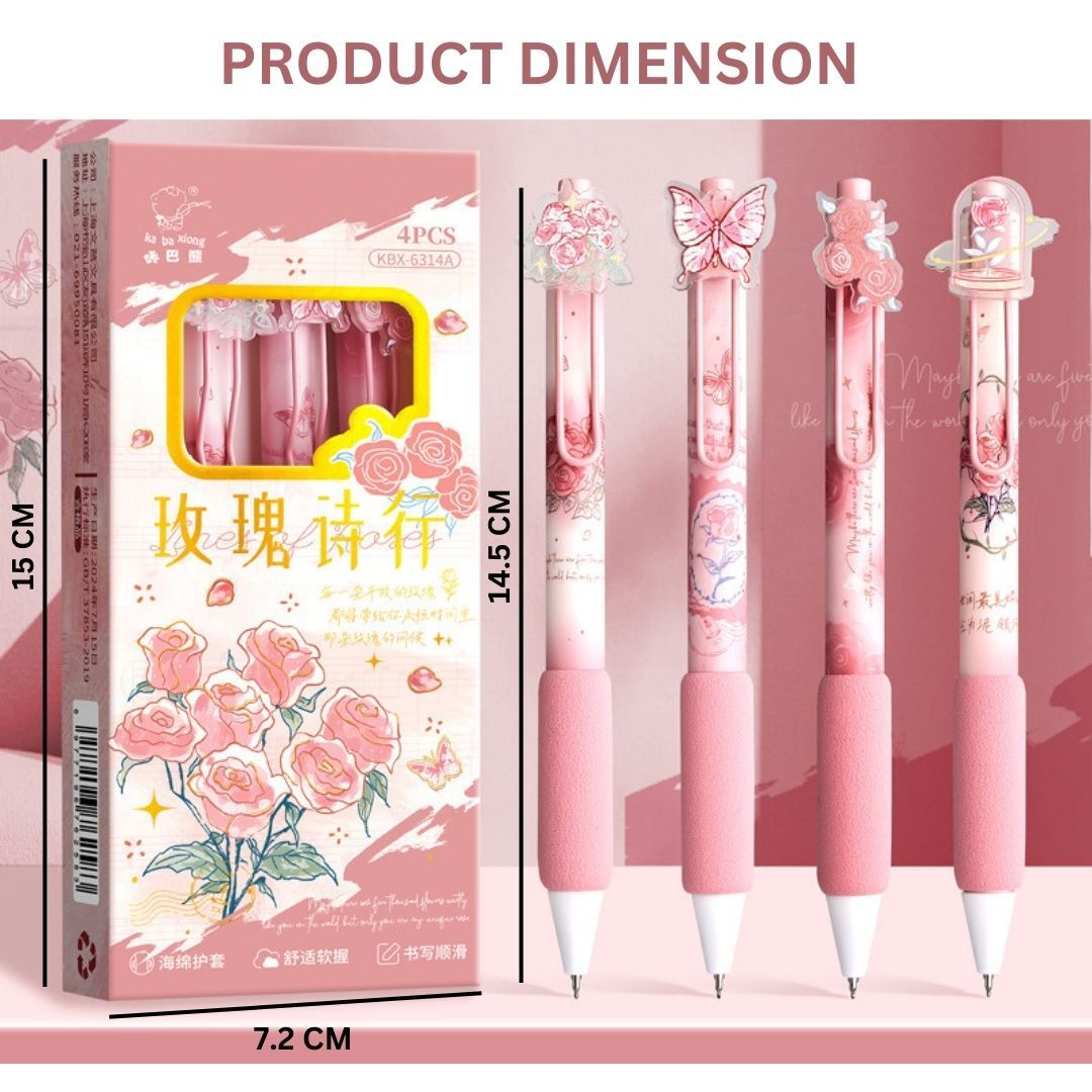 Rose Theme Gel Pen Set (Pack of 4) – 0.5mm Fine Tip Smooth Writing Pens with Cute Floral Design for School, Office & Journaling