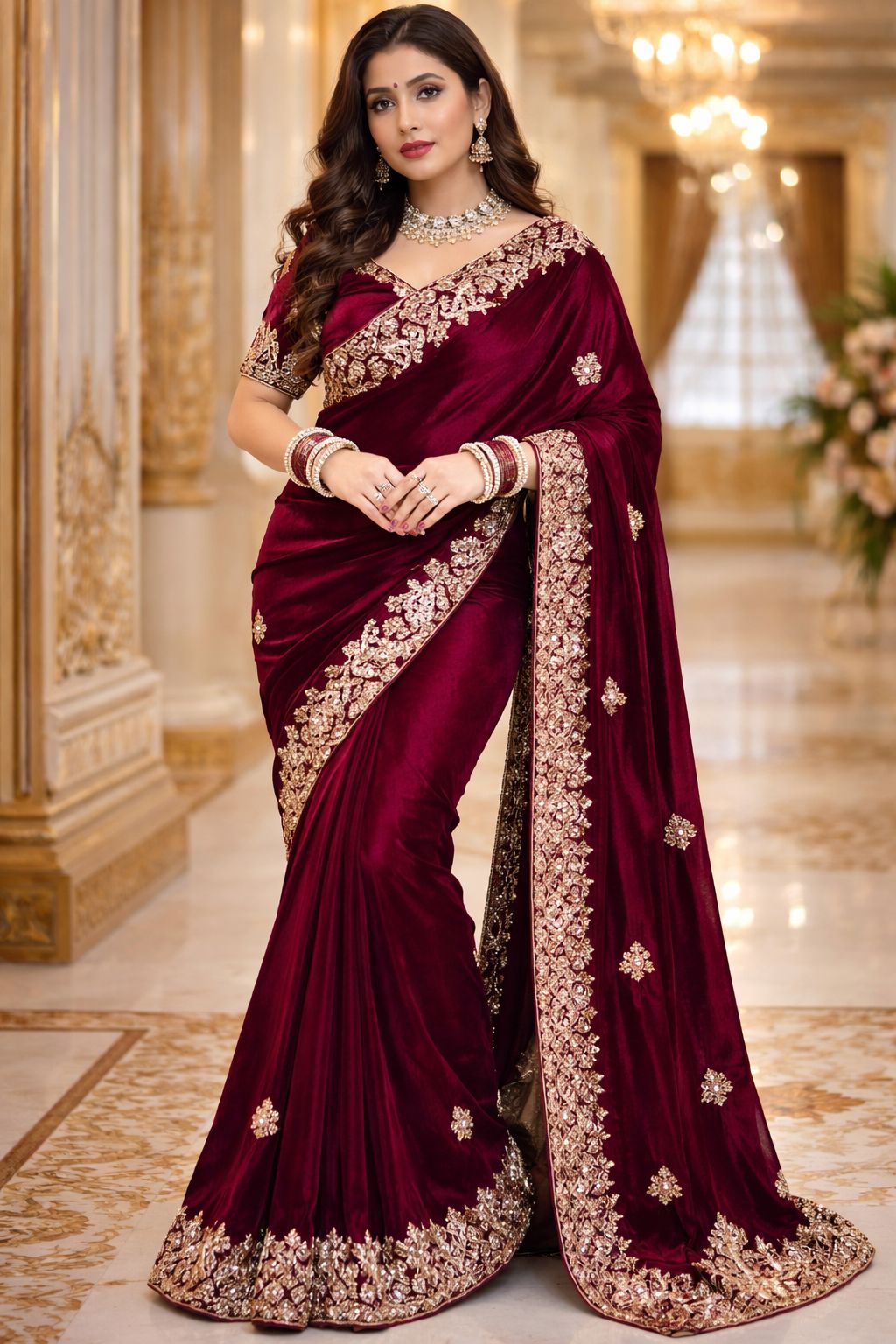 Royal Wine Velvet Embroidered Saree