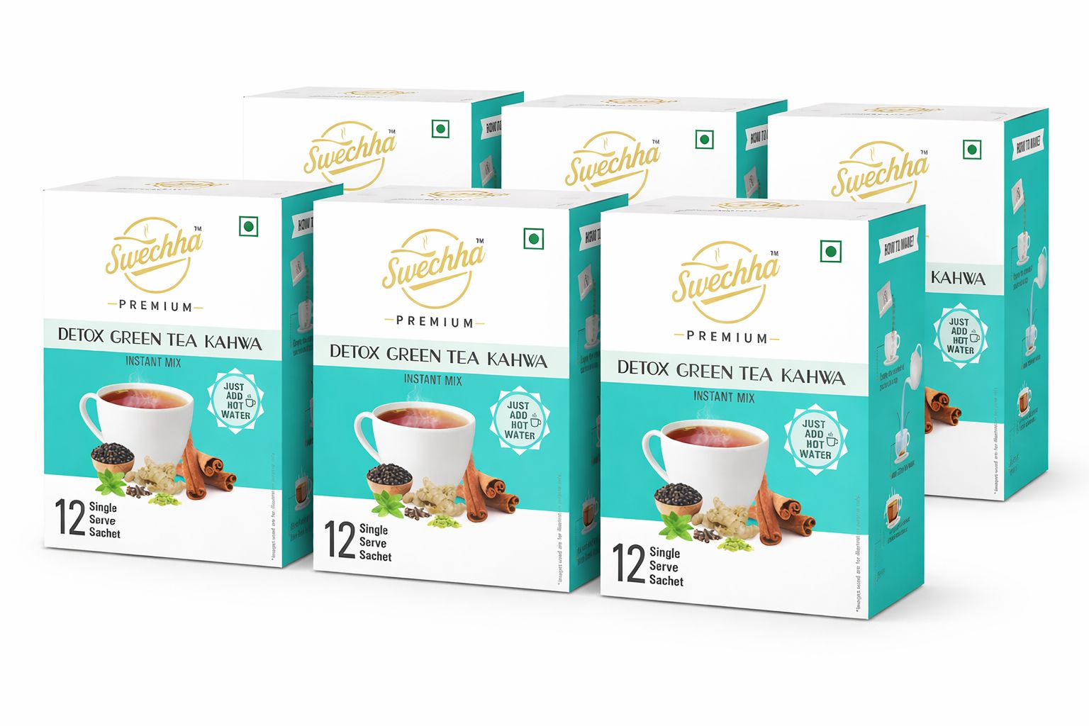 Swechha Premium Detox Green Tea (Weight Loss / Immunity / Herbal Tea )Kahwa Instant Mix Combo Pack - 6 x 12 Sachets