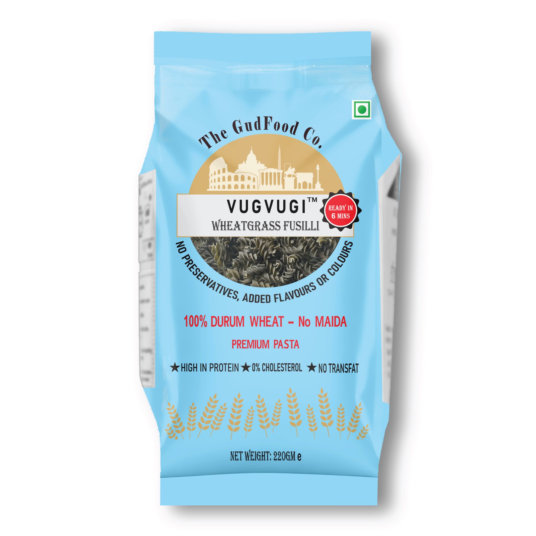 The GudFood Co VUGVUGI Wheatgrass Fusilli Durum Wheat Pasta No maida