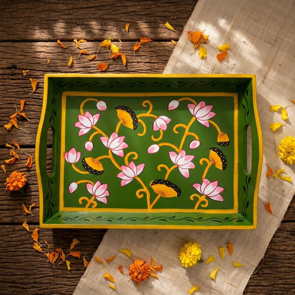 Hand painted pichwai art wooden green color tray