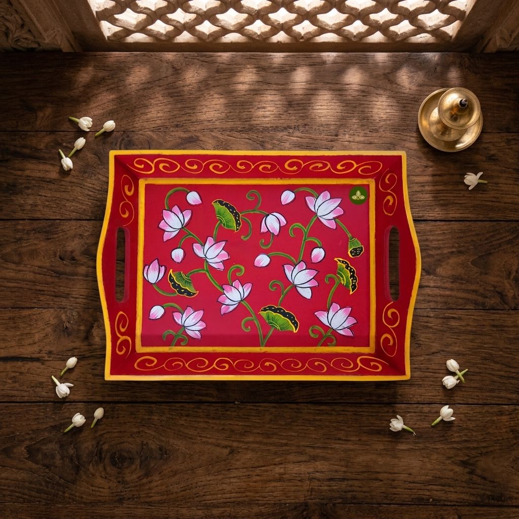 Hand painted pichwai art wooden red color tray