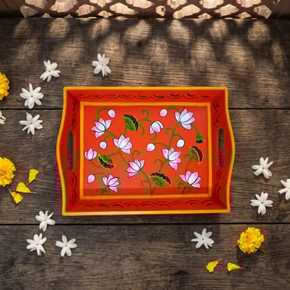 Hand painted pichwai art wooden orange color tray