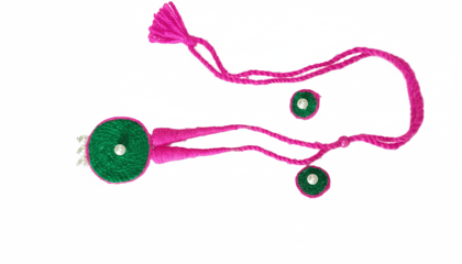 Assamese Handmade Woolen Thread Necklace and Earrings Jewelry Set (Pink & Green)