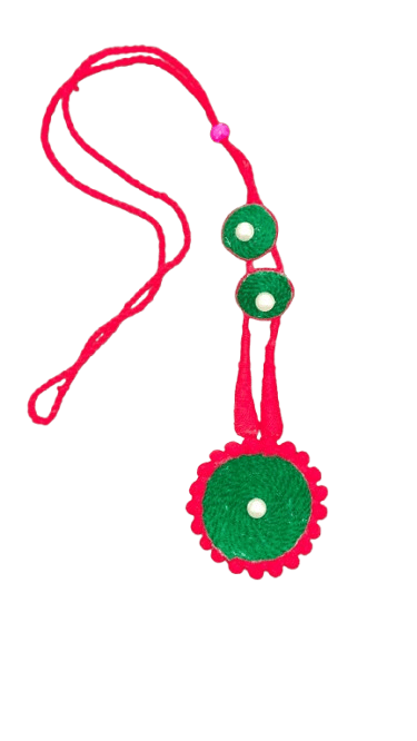 Assamese Handmade Woolen Thread Necklace and Earrings Jewelry Set (Red & Green)