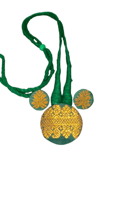 Assamese Handmade Silk Necklace and Earrings Jewelry Set (Green & Gold)