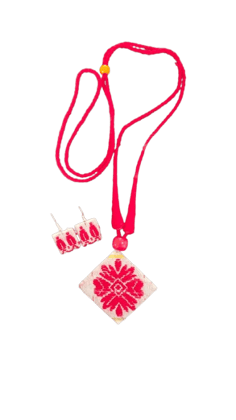 Assamese Handmade Woolen Thread Necklace and Earrings Jewelry Set (RED)