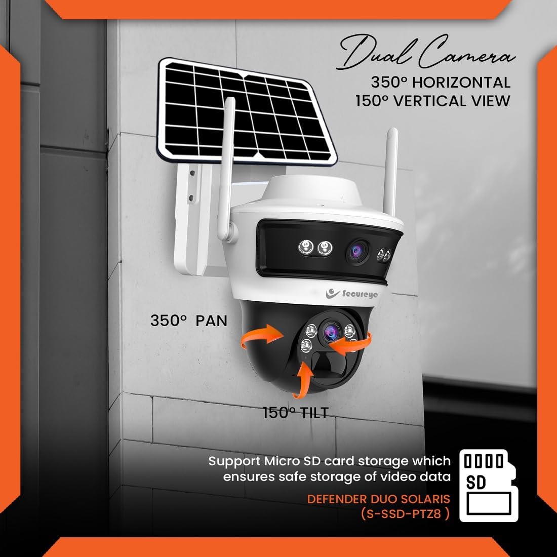 Secureye Defender Duo Solaris S-SSD-PTZ8 | 4G Solar PTZ Camera | 3MP+3MP Dual Lens | 100% Wireless Surveillance | IP66 Weatherproof (Brand Warranty)