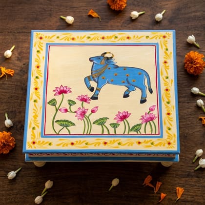 Hand painted pichwai art cream color wooden chowki / Bajot