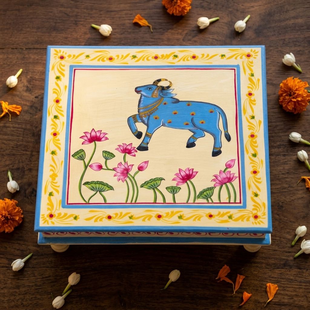 Hand painted pichwai art cream color wooden chowki / Bajot