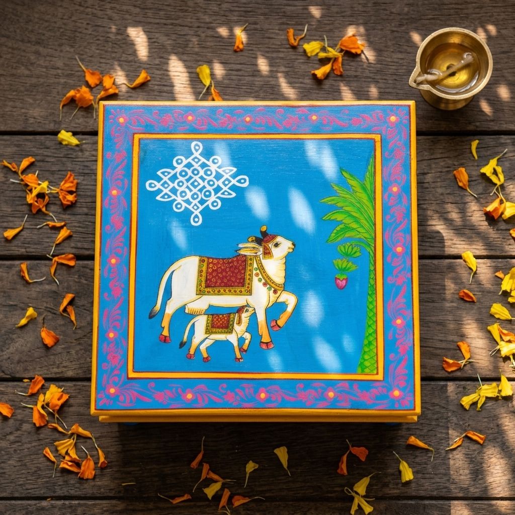 Hand painted cow & calf pichwai art sky blue color wooden chowki / Bajot