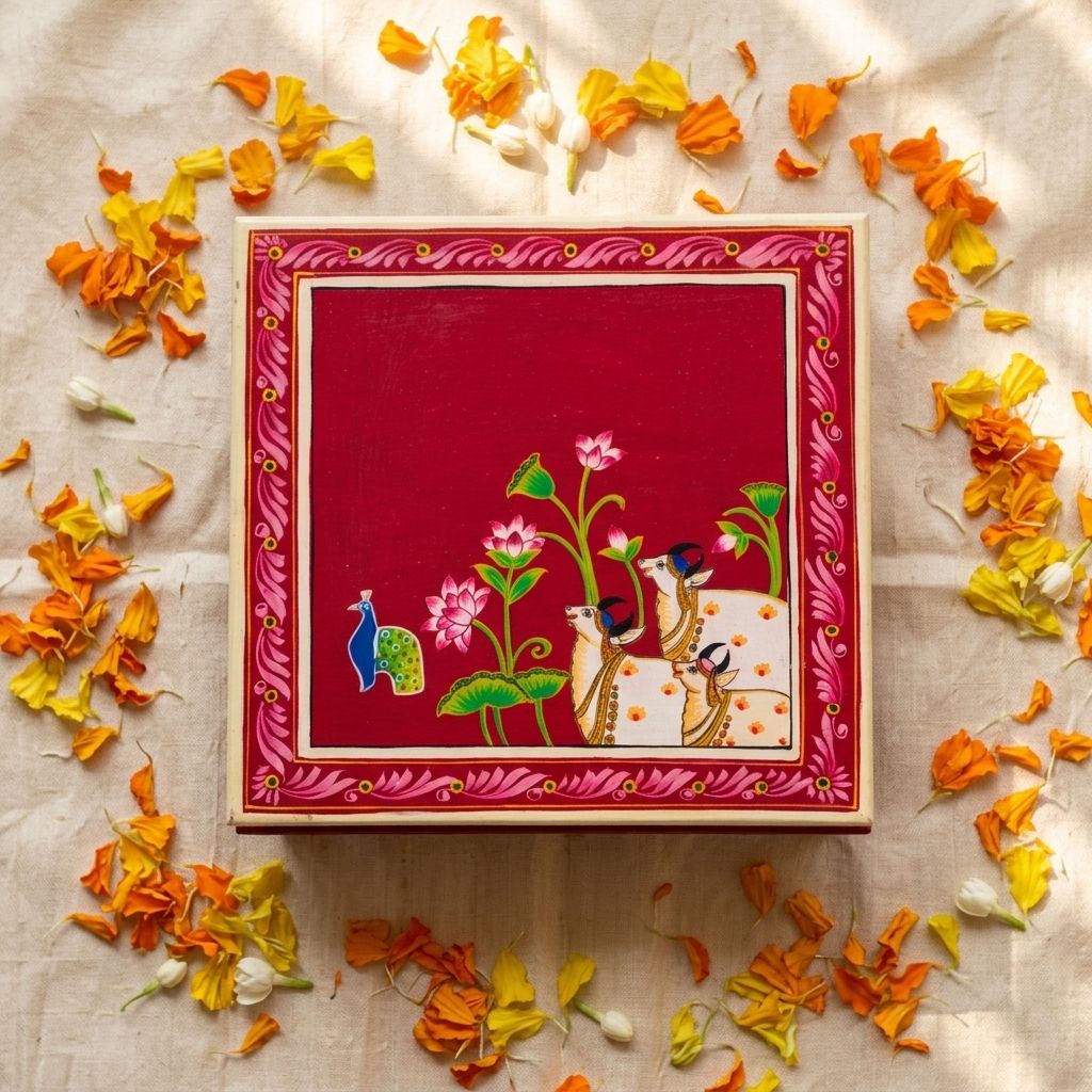 Hand painted pichwai art maroon color wooden chowki / Bajot