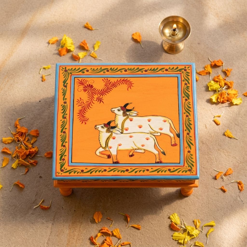 Hand painted pichwai art orange color chowki / Bajot