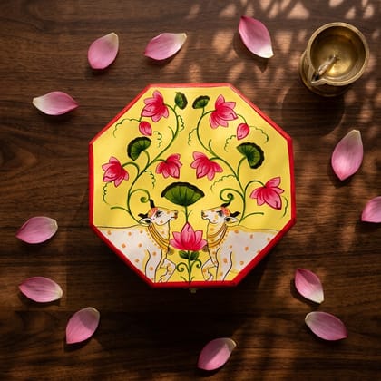 Hand Painted Pichwai Art Wooden Yellow Color Octagon shape Storage Box