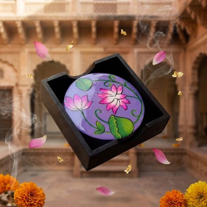 Hand Painted Wooden Pichwai Art Round Shape Purple Color Set of 4 Coasters With Resin Layer