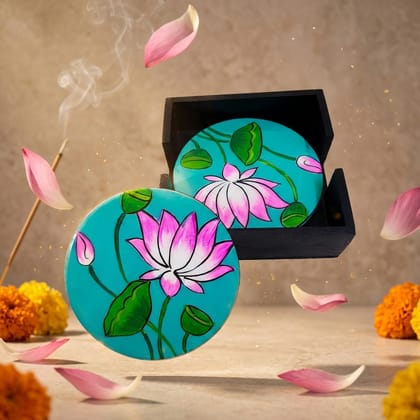 Hand Painted Wooden Single Lotus Pichwai Art Round Shape Sky Blue Color Set of 4 Coasters With Resin Layer