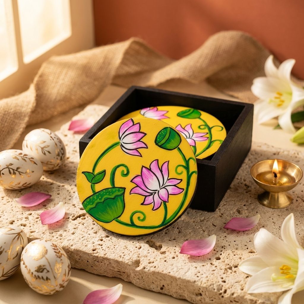 Hand Painted Wooden Pichwai Art Round Shape Yellow Color Set of 4 Coasters With Resin Layer